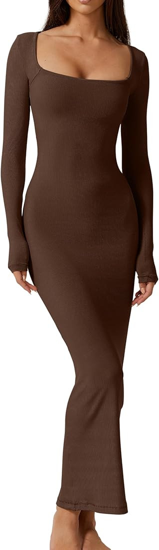 QINSEN Women's Long Maxi Dress Square Neck Long Sleeve Ribbed Bodycon Lounge Dresses | Amazon (US)
