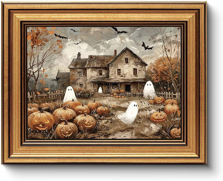Vintage Framed Cute Ghost Pumpkin Patch Wall Art, Ghost Halloween Print     Autumn home decoratio... | Amazon (US)