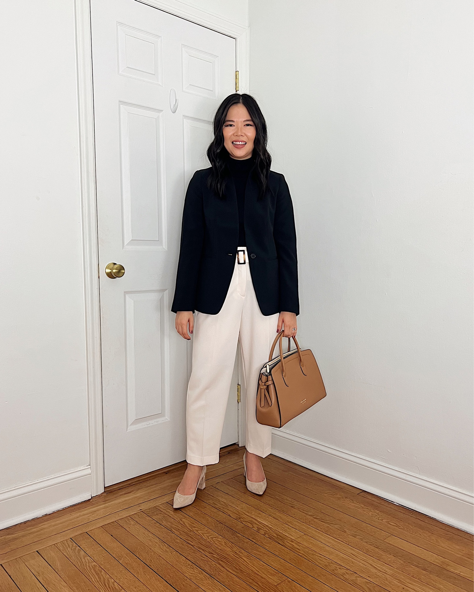 Black blazer (2P)
Black turtleneck sweater (XS)
White pants  (4P)
Tan tote bag 
Beige suede pumps 
Beige block heel pumps 
Neutral work outfit 
Business casual outfit 
Business professional outfit 
Ann Taylor outfit 
Neutral outfit 
Winter outfit 
Winter work outfit 

#LTKworkwear #LTKstyletip #LTKSeasonal