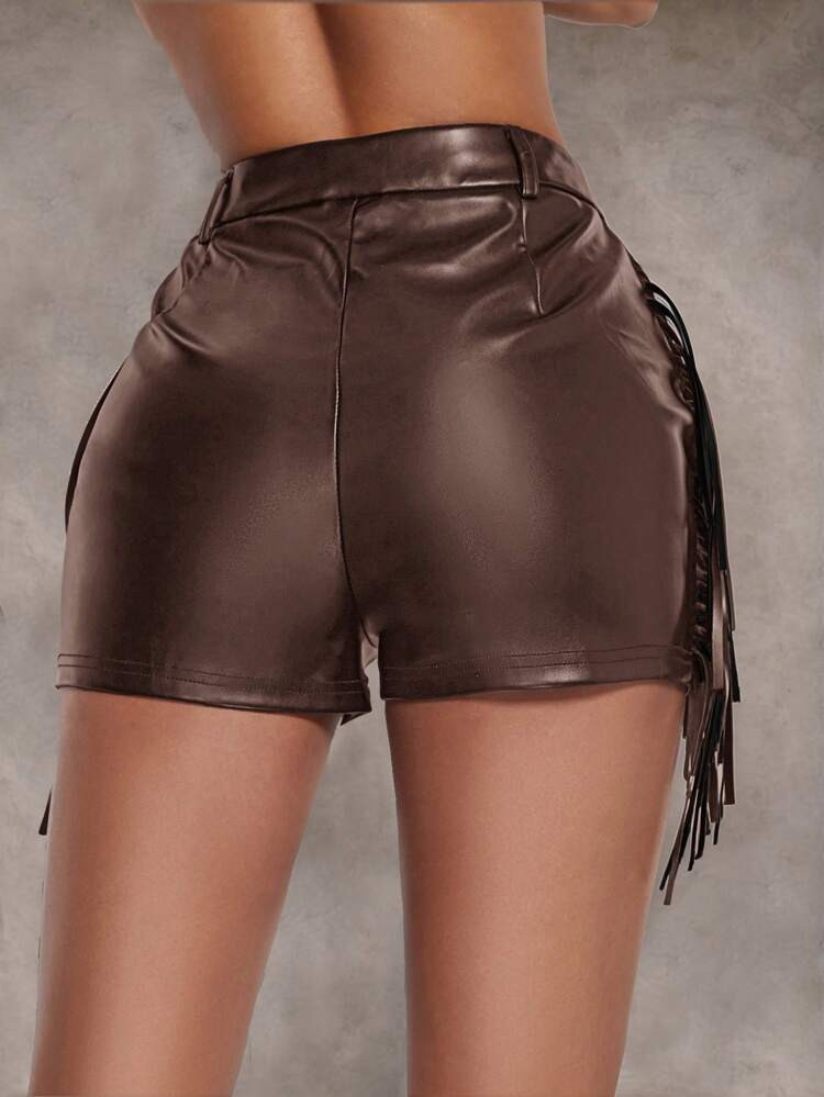 Women's Solid Color Patchwork Fringe PU Leather Shorts, Fashionable | SHEIN