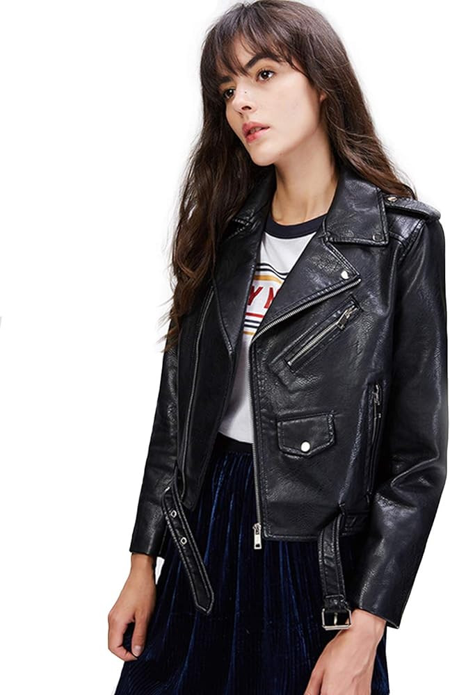 Women's Faux Leather Motorcycle Jacket PU Slim Short Biker Coat | Amazon (US)