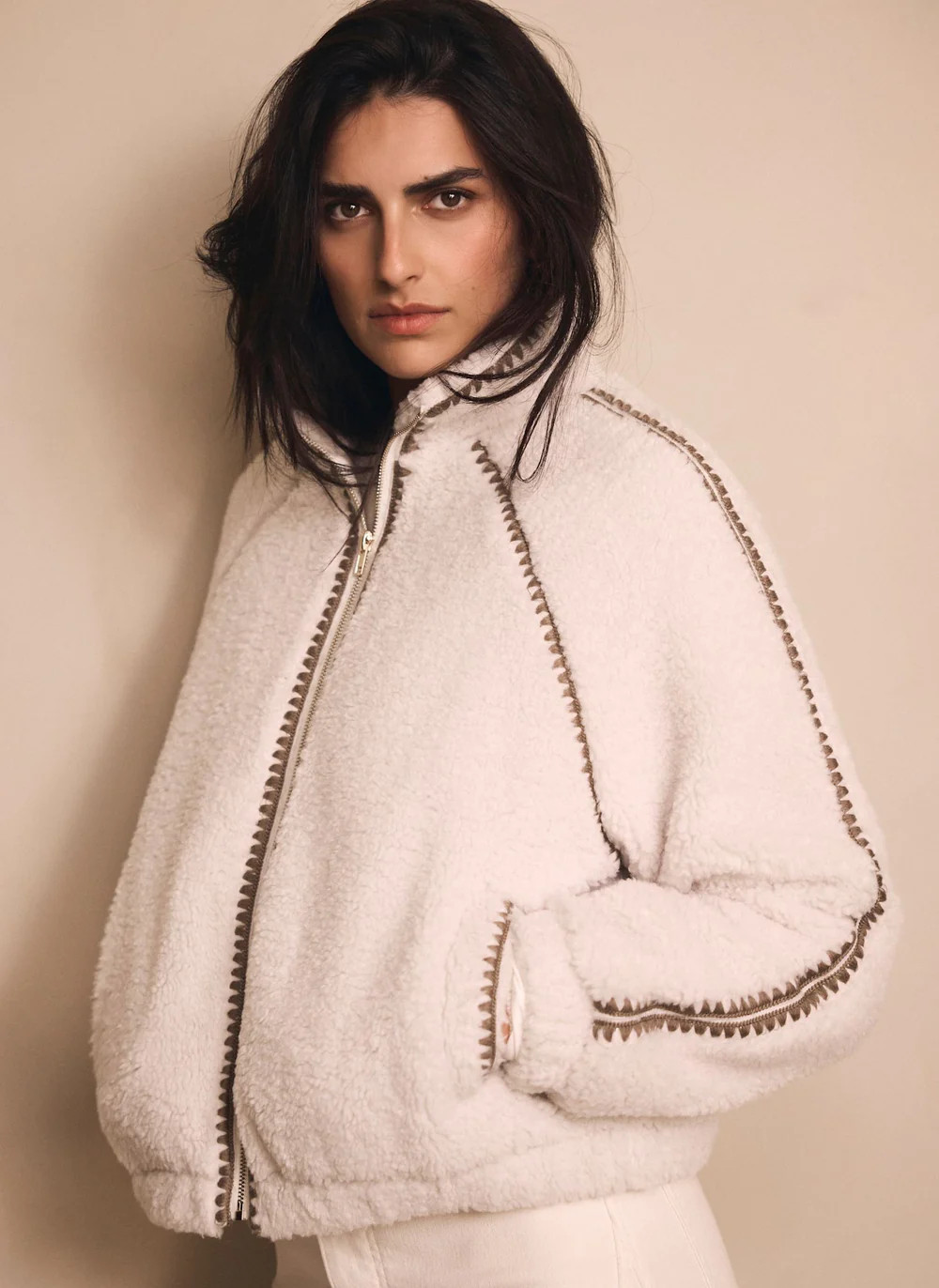 Cream Whipstitch Detail Borg Jacket | Mint Velvet - US