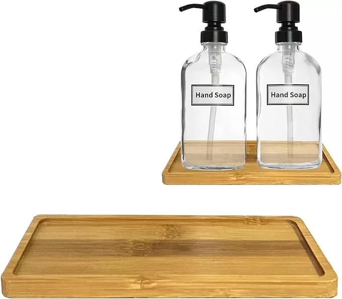 Bamboo Wood Tray Soap Dispenser Tray Sink Tray 2 Bottle Tray