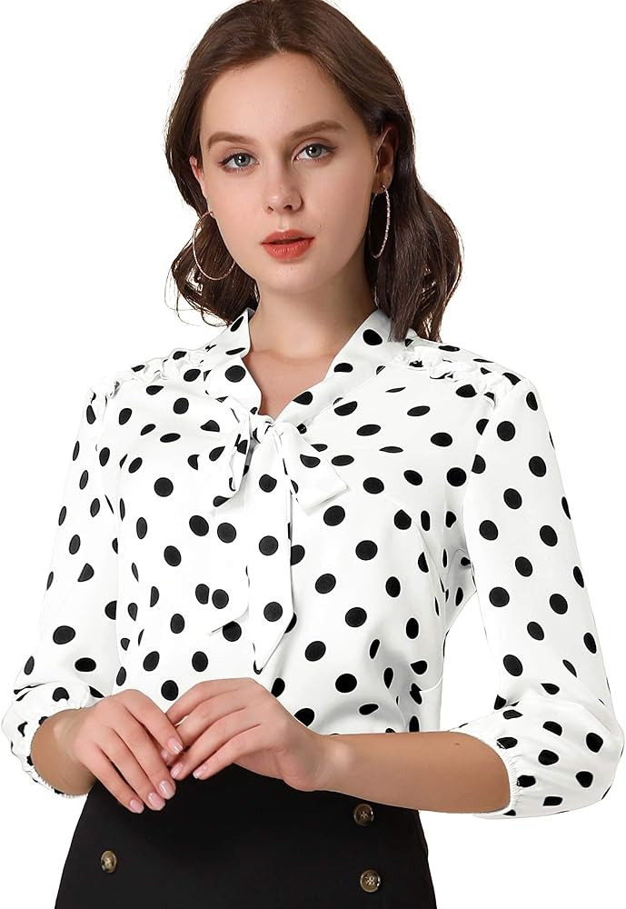 Allegra K Women's Printed Ruffle Shoulder Elastic Cuff Bow Tie Neck Blouse | Amazon (US)