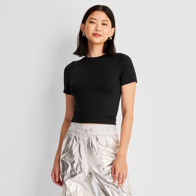 Women's Slim Fit Short Sleeve Seamless Baby T-Shirt - A New Day™ Black S: Lightweight Crew Neck Pullover | Target
