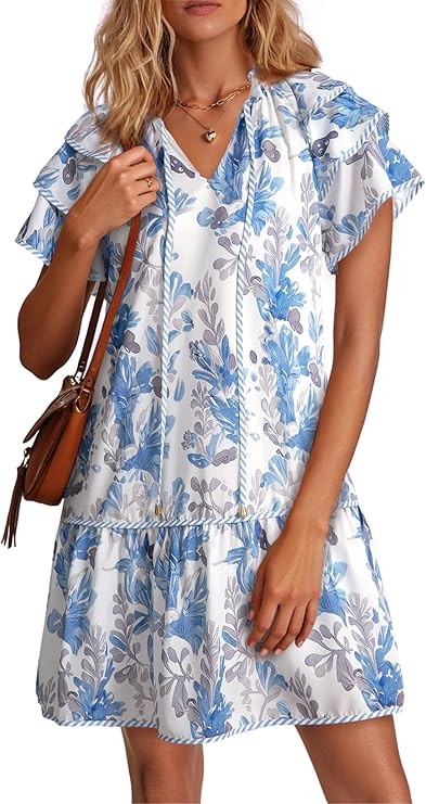 Dokotoo Womens Summer Dresses 2026 Boho Floral V Neck Drawstring Ruffle Short Sleeve Casual A-Lin... | Amazon (US)
