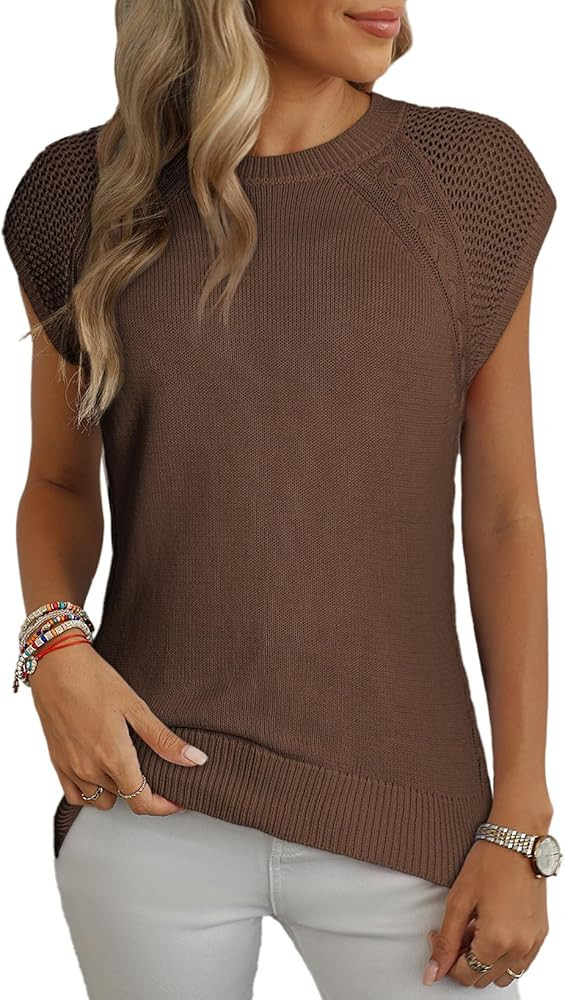 Dokotoo Womens Sweaters Crewneck Cable Knit Vest Tops for Women 2025 Fall Fashion Clothing Cap Sl... | Amazon (US)