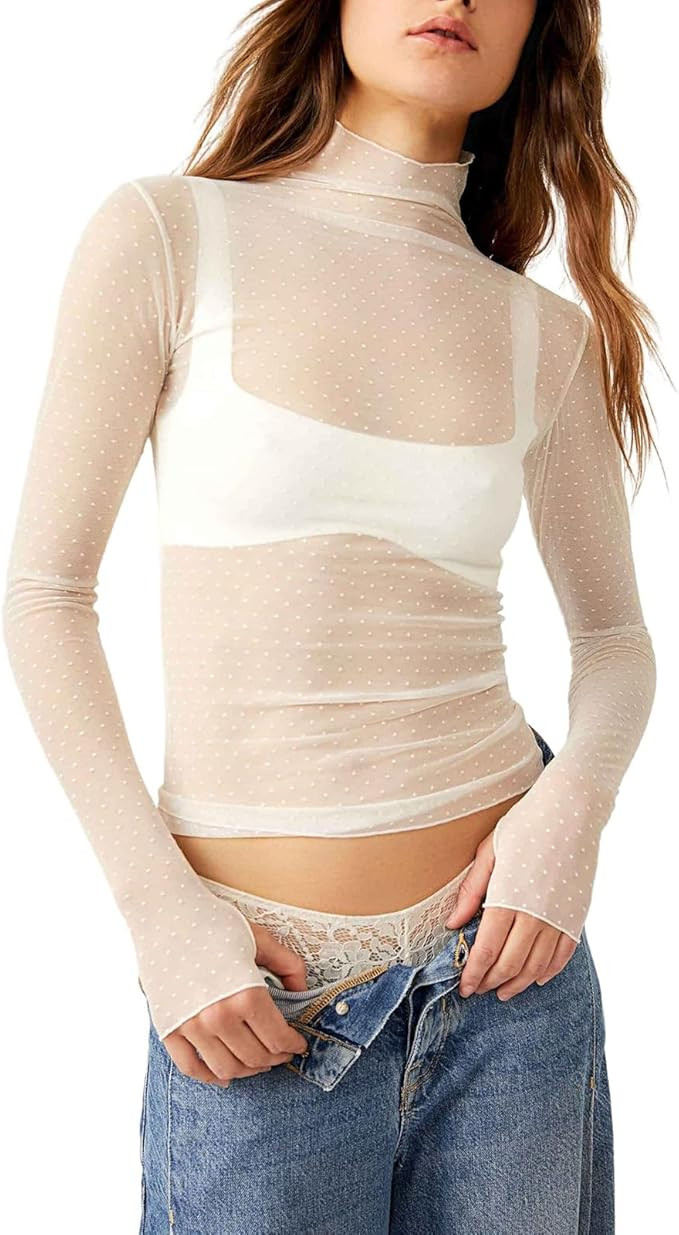 Sheer Mesh Long Sleeve Layering Top for Women Mock Neck Floral Lace Tshirt See Through Tee Shirt ... | Amazon (US)