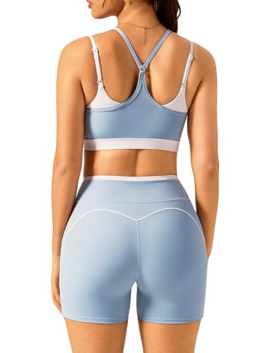 Workout Sets for Women 2 Piece Matching Gym Set High Waist Shorts With Pockets & Sports Bra Yoga Athletic Outfits Set Blue S | Amazon (US)