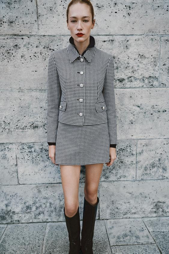 Zara - Cropped Check Jacket - Black / White - Xs - Woman | Zara US