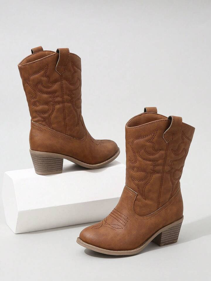 Girls' Western Boots With Stitching Detail And Slip-on Design | SHEIN
