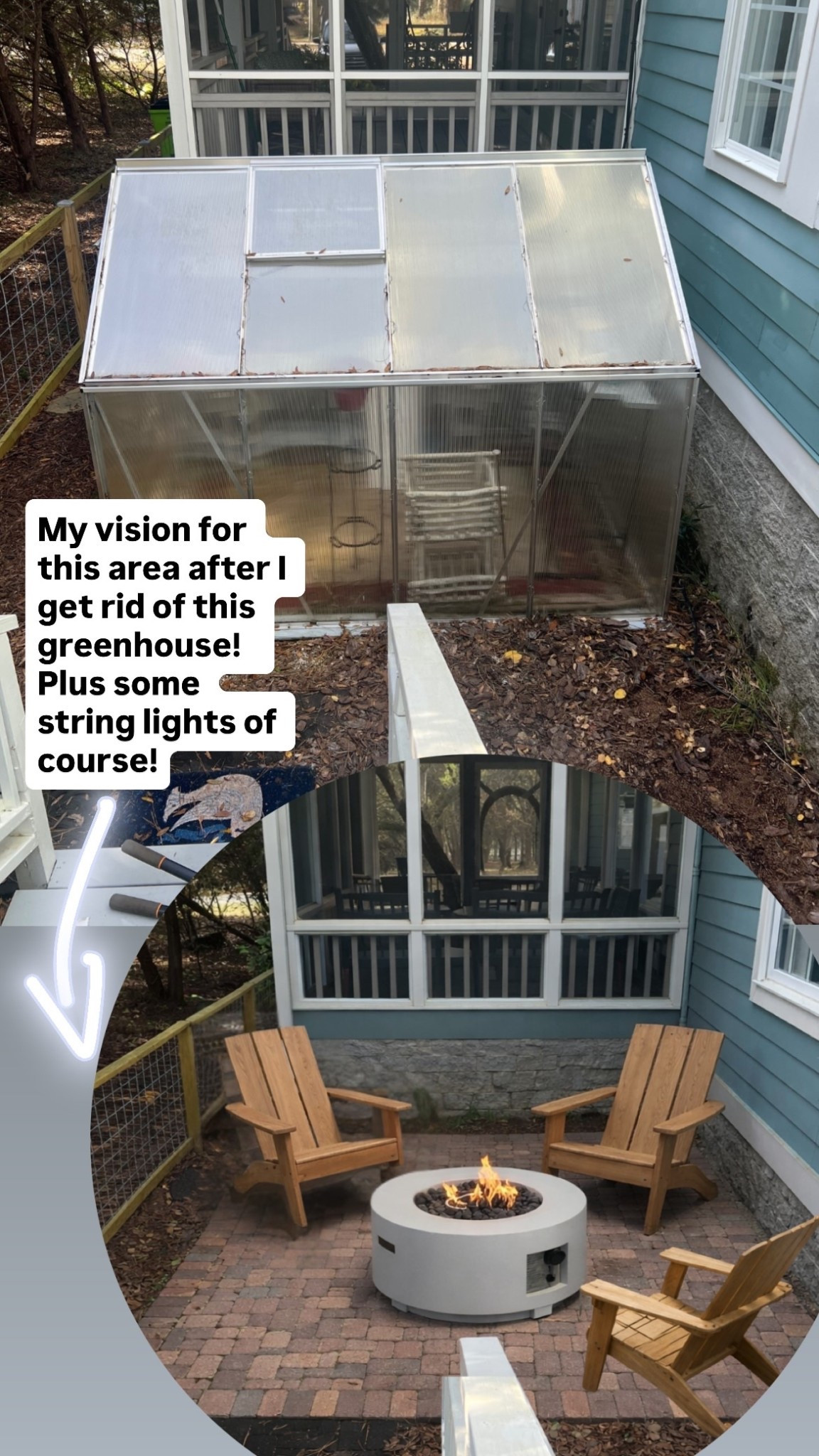 My vision for this area after I get rid of this greenhouse! Plus some string lights of course!

#LTKHome #LTKstorytime #LTKSeasonal