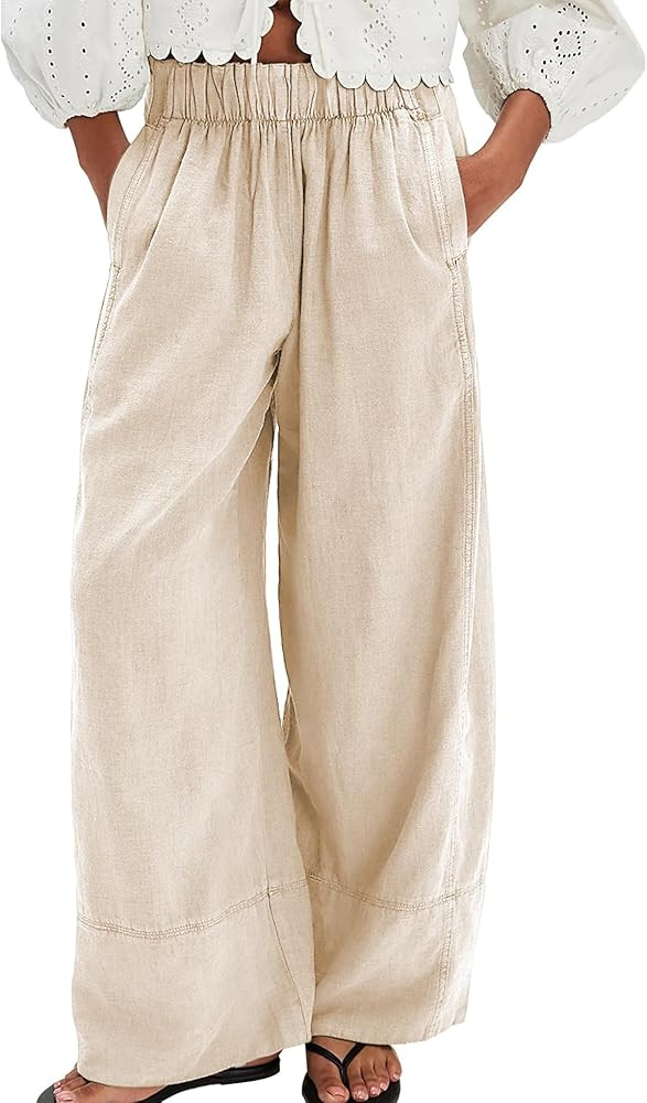 Linen Pants for Women Cotton Baggy Boho Casual Palazzo Pants Wide Leg Long Lounge Trousers with P... | Amazon (US)