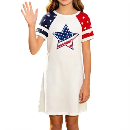 Ruyang Girls American Flag Dresses Star Print Crew Neck A-line Dresses Summer Kids 4th of July Patriotic Short Sleeve Dresses | Walmart (US)