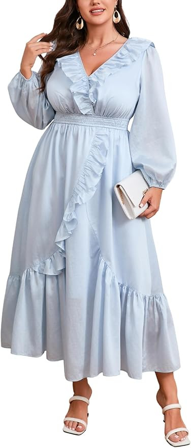 Plus Size Ruffle Long Sleeve V-Neck Smocked Waist Maxi Satin Dress Formal Cocktail Wedding Guest ... | Amazon (US)