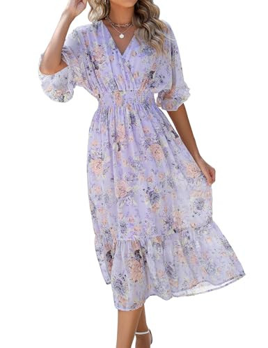 Meetrendi Women's 2024 Summer Casual Floral Print Short Sleeve V Neck Smocked High Waist Flowy Maxi Dress | Amazon (US)