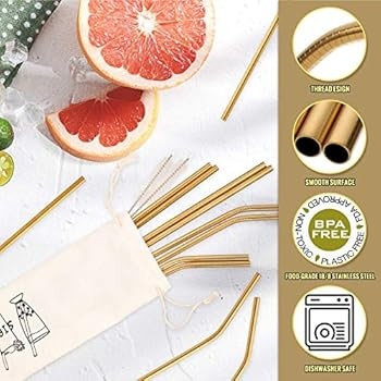 Hiware 12-Pack Gold Stainless Steel Straws Reusable with Case - Metal Drinking Straws for 30oz & ... | Amazon (US)