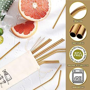 Hiware 12-Pack Gold Stainless Steel Straws Reusable with Case - Metal Drinking Straws for 30oz & ... | Amazon (US)