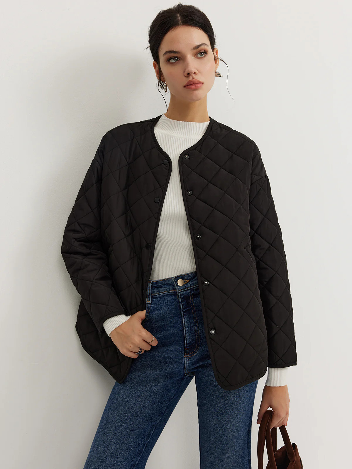 Plain Quilted Button Winter Coat With Scarf | Commense