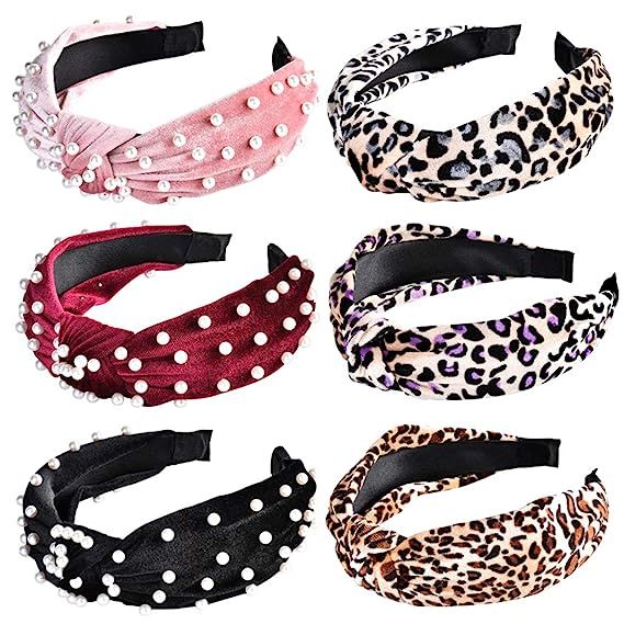 Velvet Headbands for Women, Vintage Wide Knotted Headbands with Faux Pearl & Leopard, Turban Head... | Amazon (US)