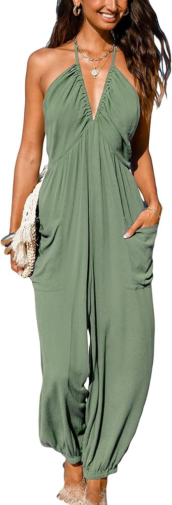 CUPSHE Women's Plunge Halter Sleeveless Pleated Long Romper Knit Jogger Maxi Jumpsuit with Pocket... | Amazon (US)
