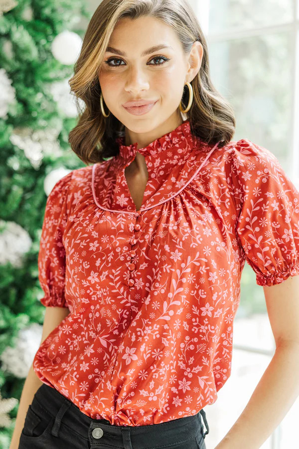 Keep It Up Red Ditsy Floral Ruffled Blouse | The Mint Julep Boutique