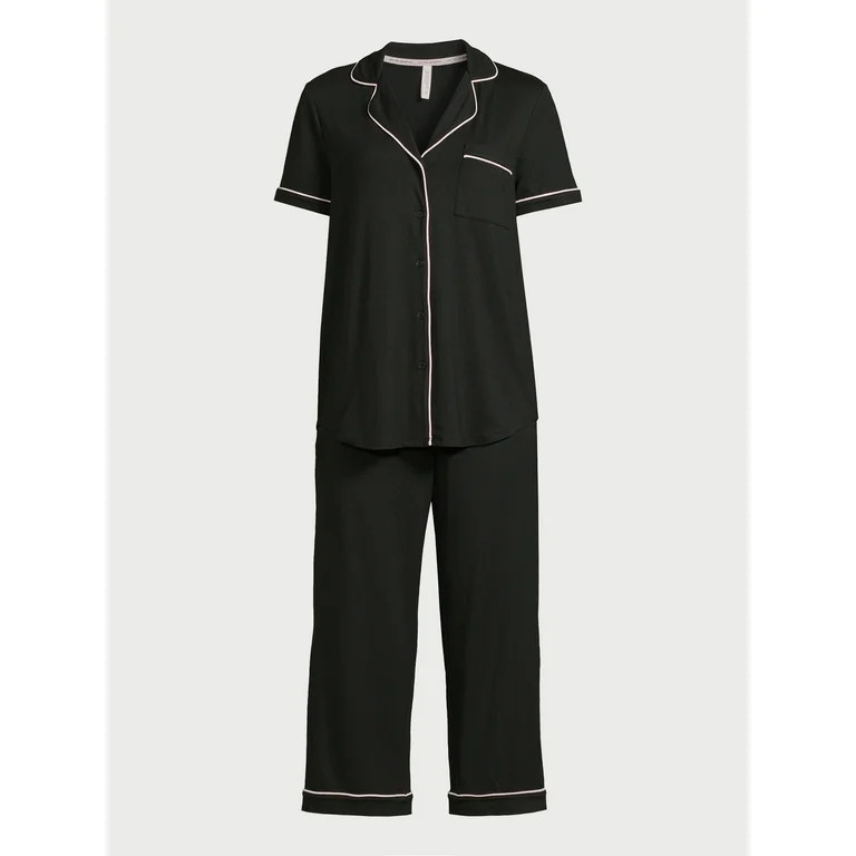 Joyspun Women's Knit Short Sleeve Notch Collar Top and Capri Pajama Set, 2-Piece, Sizes S to 3X | Walmart (US)