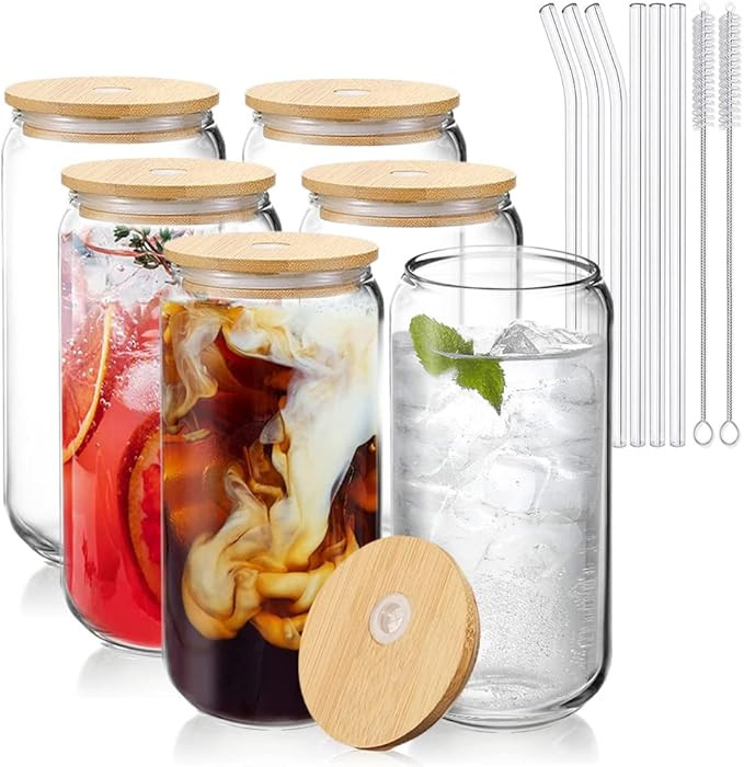 OVHayi Glass Cups with Bamboo Lids , 16oz Glasses Drinking Set 6pcs, Can Shaped Glass Cups, Iced ... | Amazon (CA)