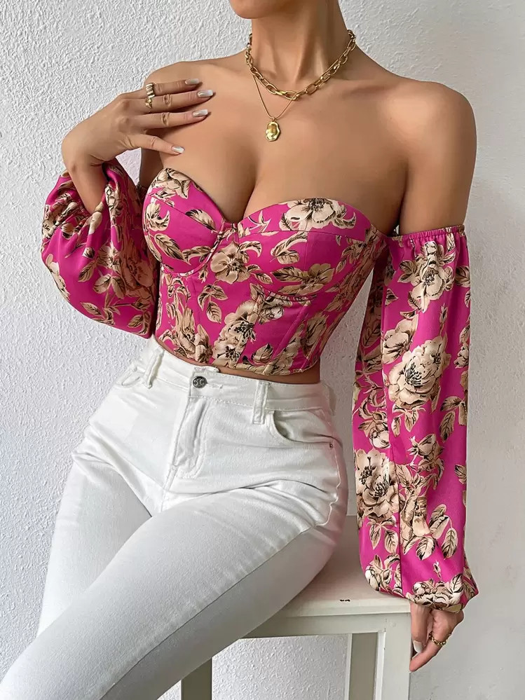 Chiquease Off Shoulder Floral Print Lantern Sleeve Crop Top | SHEIN