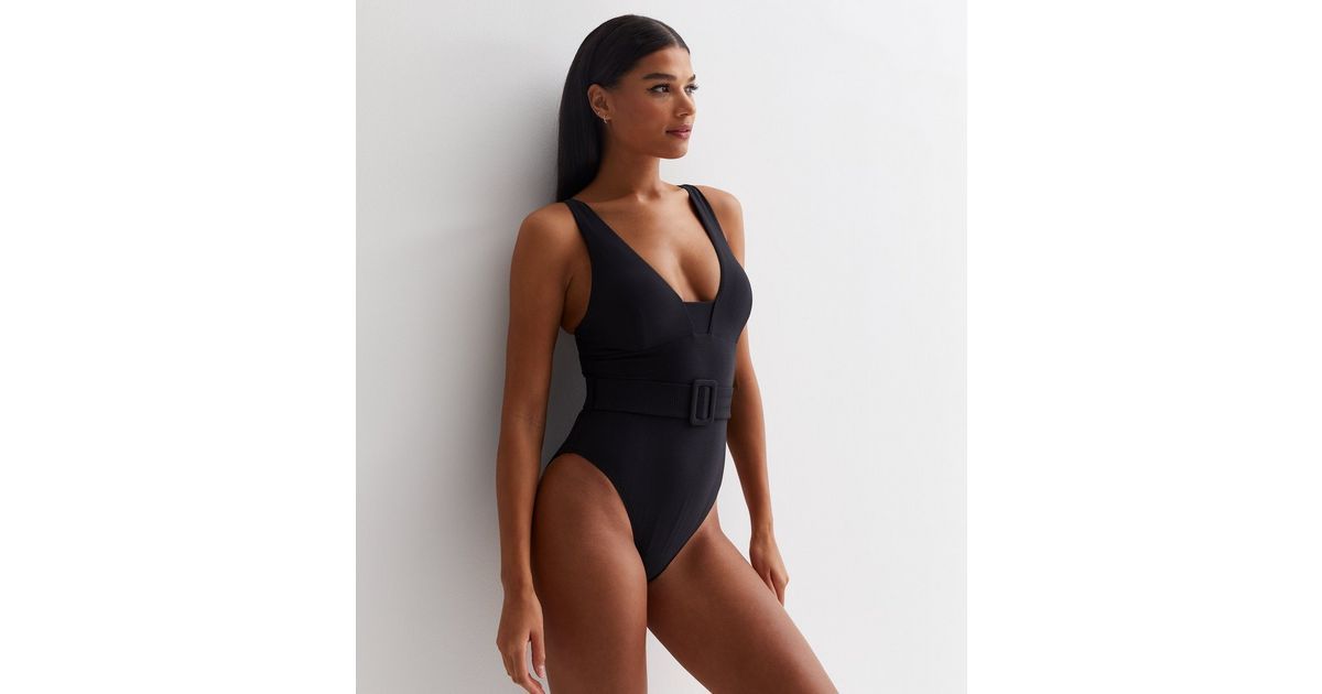 Black Textured Belted Swimsuit | New Look | New Look (UK)