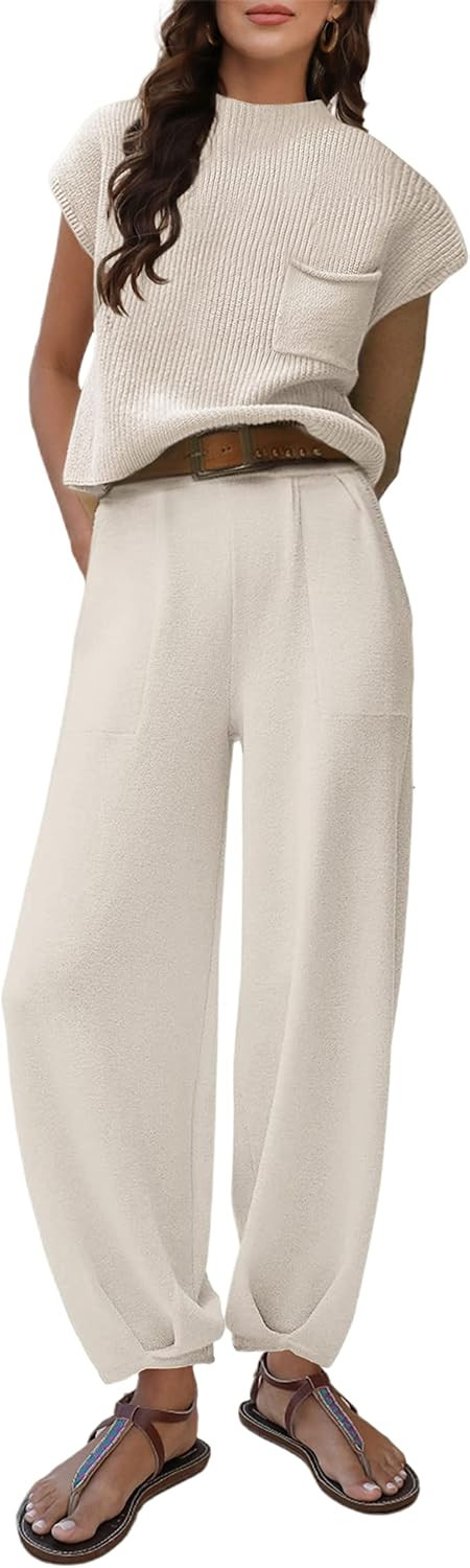 Watashi Two Piece Outfits for Women Sweater and Pants Knit Sets Pullover Tops High Waisted Pant Lounge Set(PureWhite-S) | Amazon (US)