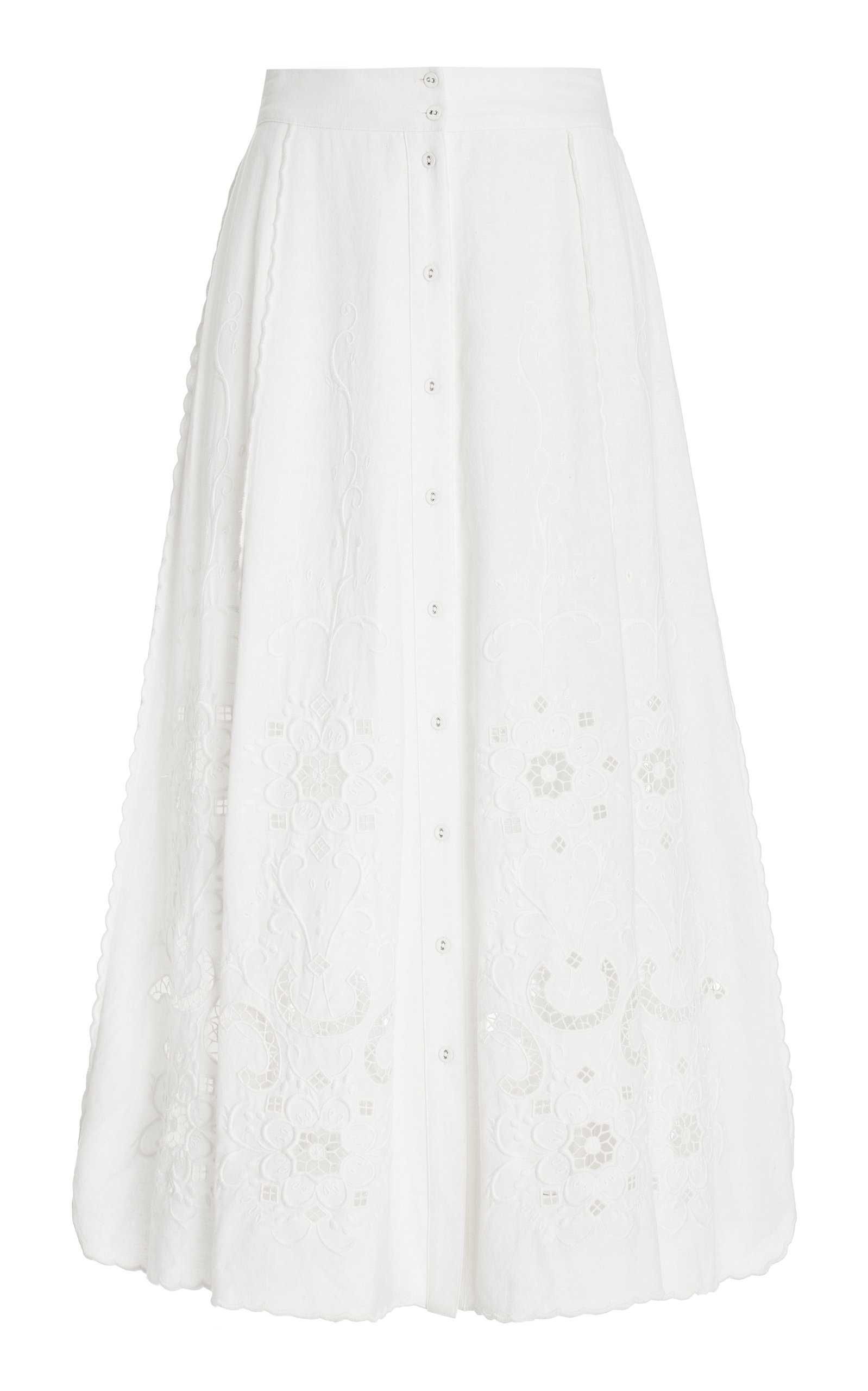 Kiara Embroidered Button-Front Cotton Midi Skirt | Moda Operandi (Global)