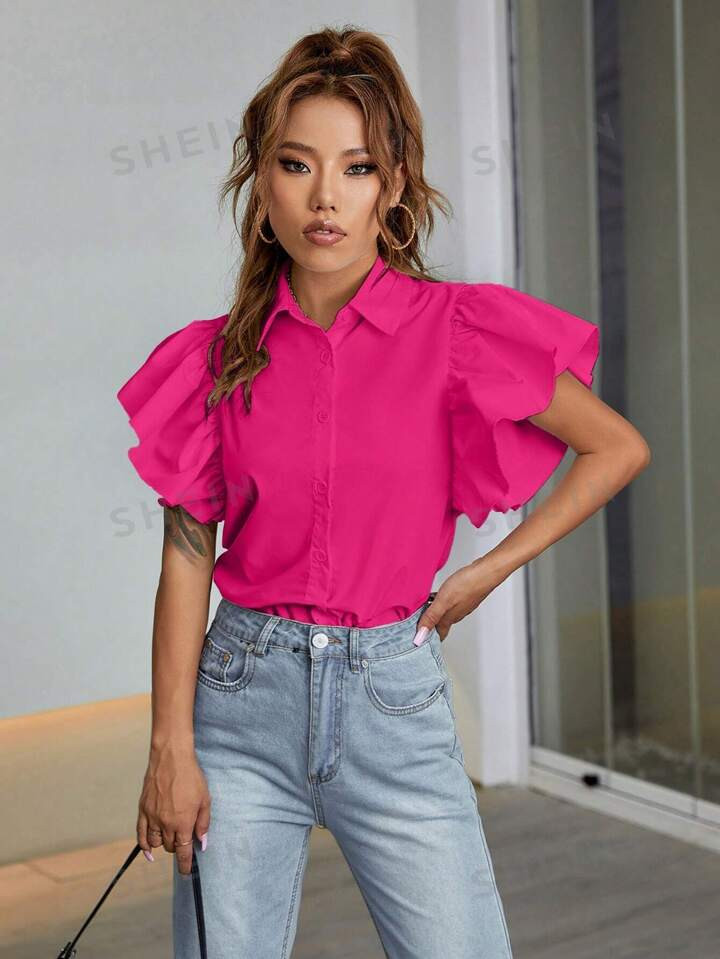 SHEIN Essnce Butterfly Sleeve Button Front Shirt | SHEIN