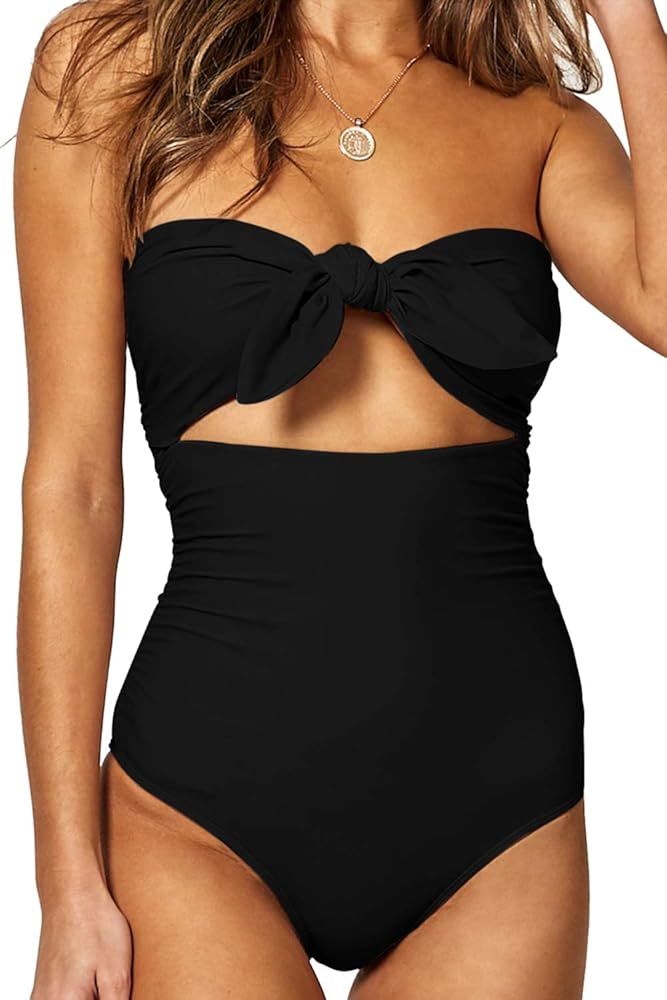 Womens Sexy Strapless Tie Knot Front High Waist One Piece Swimsuit | Amazon (US)