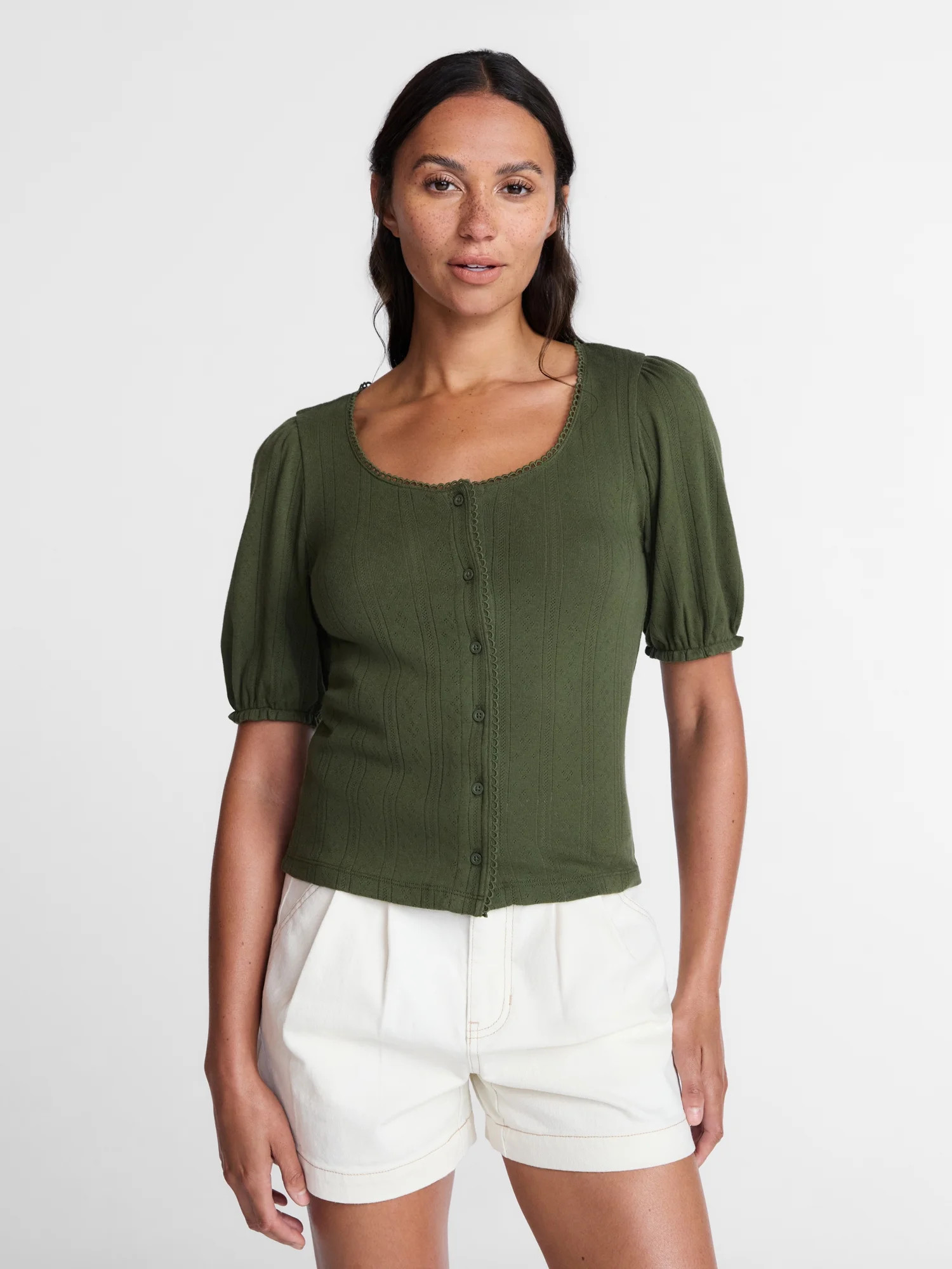 Time and Tru Women's Pointelle Top with Short Sleeves, Sizes XS-XXXL | Walmart (US)