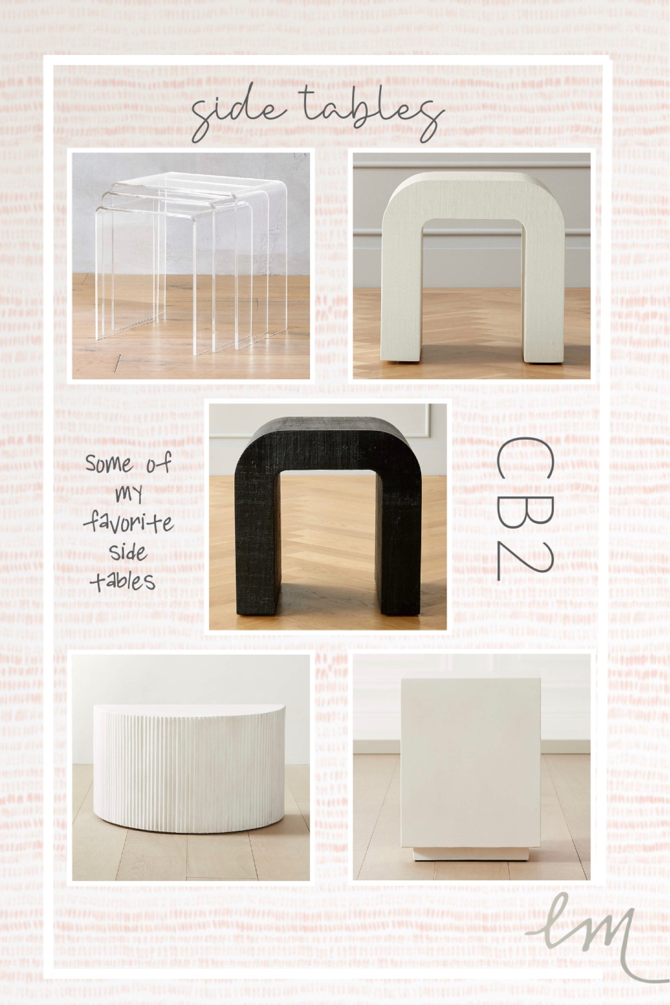I love CB2 for furniture and home decor. There are a variety of styles to pick from based on your aesthetics. Clear acrylic nesting tables would fit well in a living room or a sitting room. While the cement tables might work better in a bedroom. 

Room refresh | coffee tables | home decor

#LTKhome