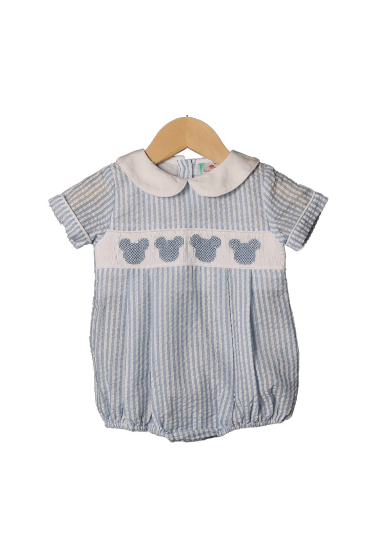 Smocked Mouse Blue Seersucker Short Sleeve Bubble | The Smocked Flamingo