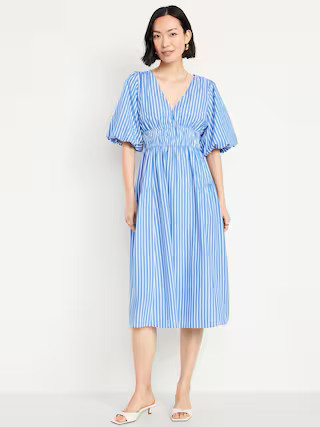 Waist-Defined Puff-Sleeve Midi Dress | Old Navy (US)