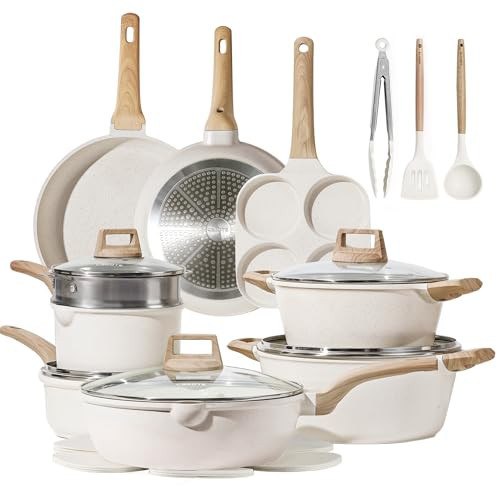 CAROTE 21Pcs Pots and Pans Set, Nonstick Cookware Sets, White Granite Induction Cookware Non Stick Cooking Set w/Frying Pans & Saucepans(PFOS, PFOA Free) | Amazon (US)