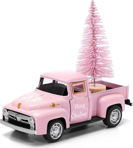 Huray Rayho Pink Christmas Metal Truck with Christmas Tree for Tiered Tray Decor Vintage White Pi... | Amazon (US)