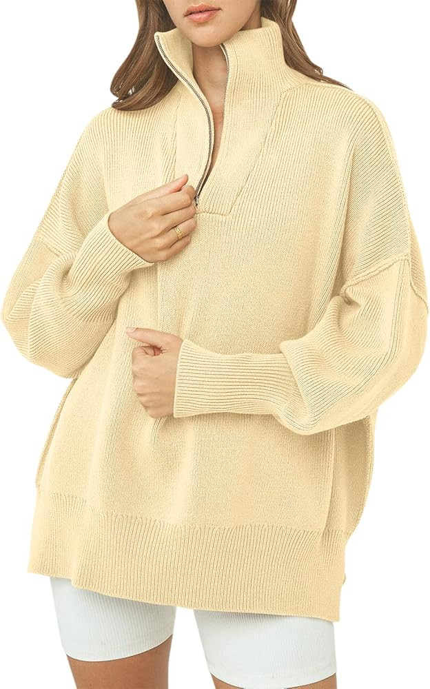 ANRABESS Women's Oversized Sweater 2023 Fall Long Sleeve Quarter Zipper Collar Drop Shoulder Slou... | Amazon (US)