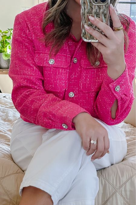 Spring Outfit 🩷 Pink Tweed Jacket with White Jeans. Linked a bunch of similar Toi et Moi engagement rings! 💍

#LTKwedding #LTKSeasonal