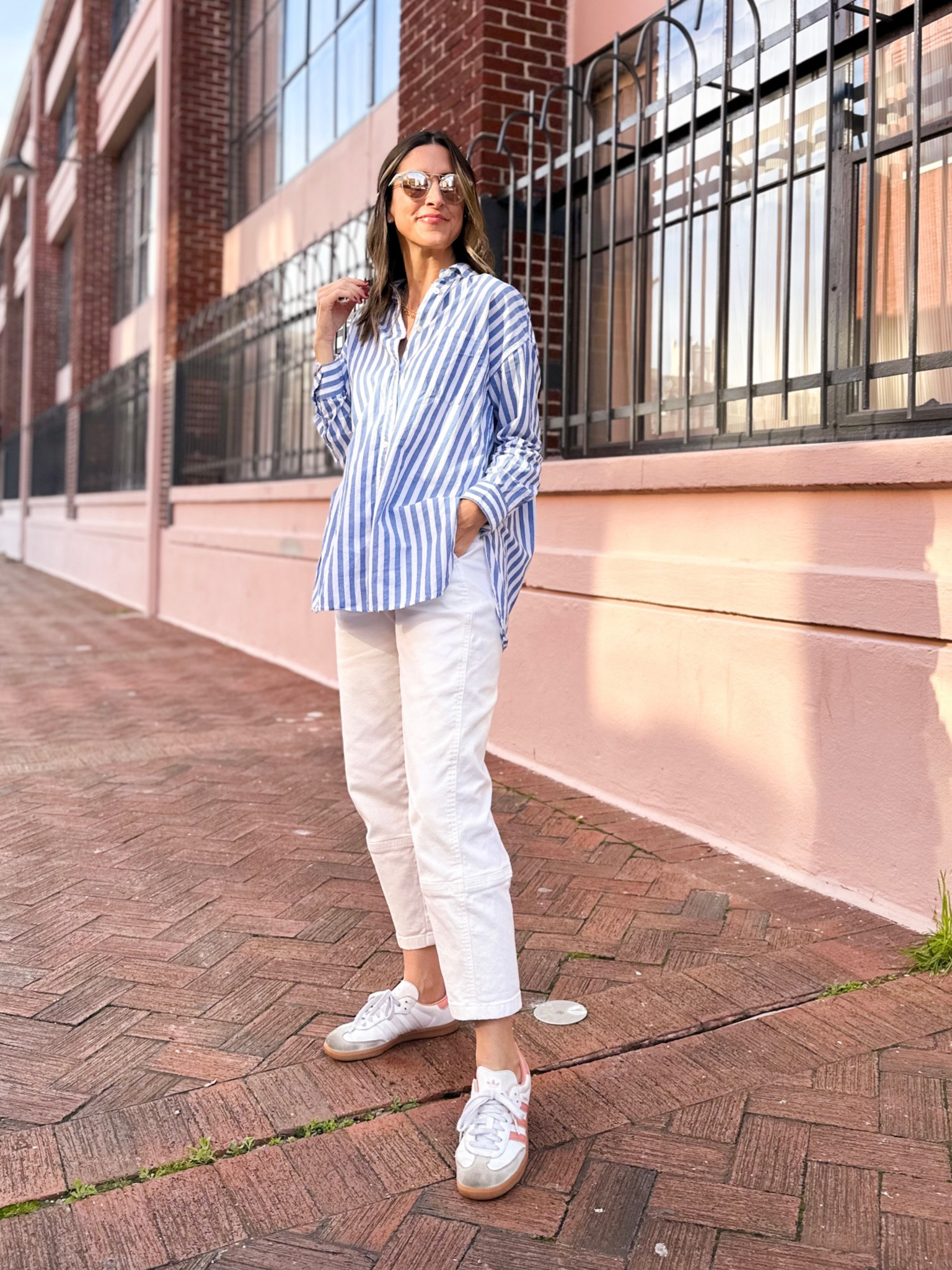 Obsessed with these Everlane barrel pants! Run TTS. Wearing side 2. 

Madewell button down runs very oversized. Wearing XXS. Samba sneakers run TTS. Wearing women’s size 7  

#LTKfindsunder100 #LTKshoecrush