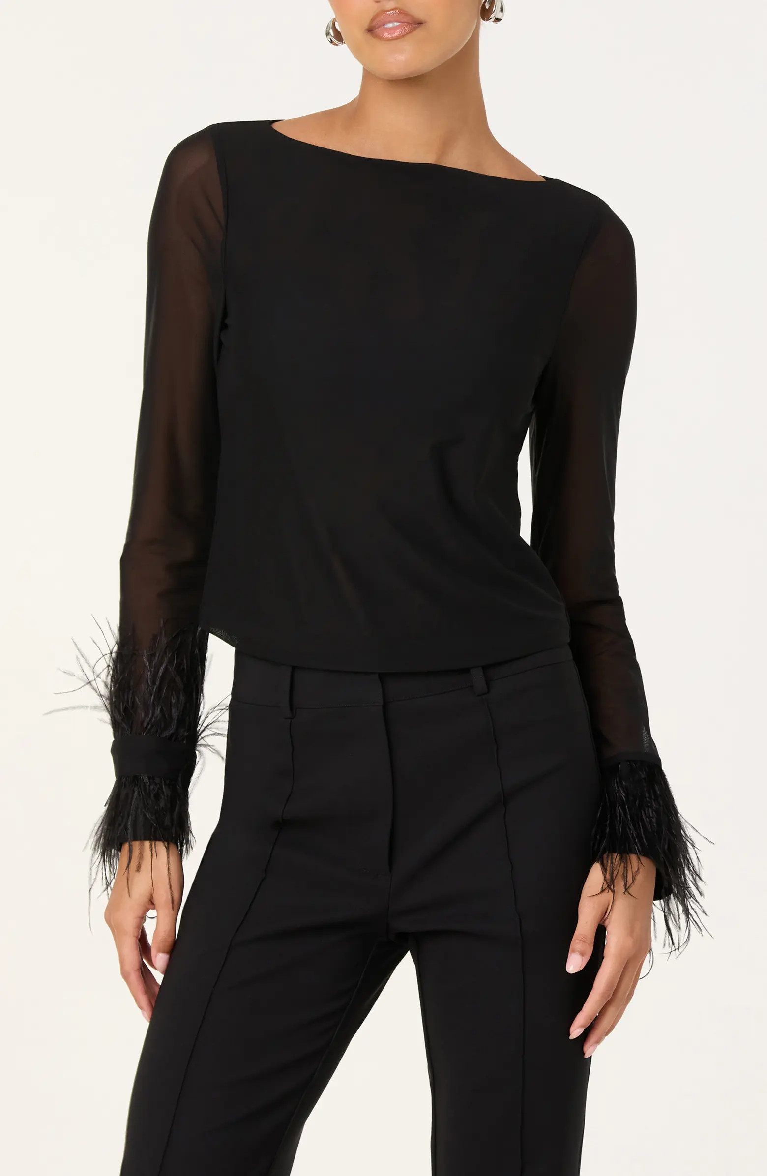 ASTR the Label Brisa Feather Trim Long Sleeve Top | Nordstrom | Nordstrom
