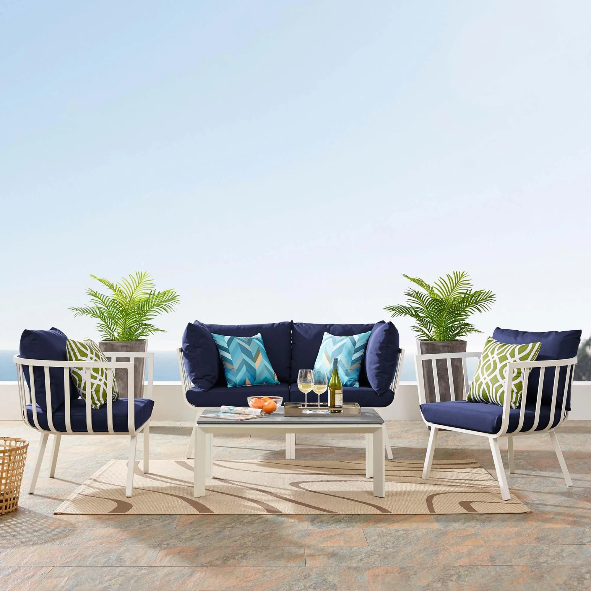 Modway Riverside Outdoor Loveseat with Coffee Table and 2 Armchairs, Navy | Ashley Homestore