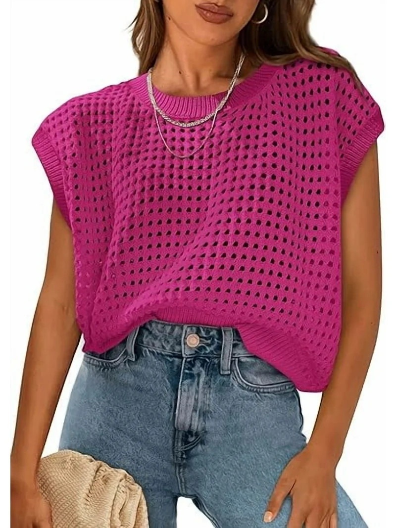PRETTYGARDEN Womens Spring Tops Summer Shirts Crochet Cap Sleeve Sweater Pullover Cute Crew Neck ... | Walmart (US)