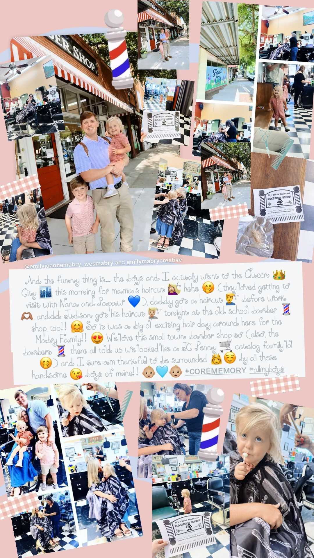 And the funny thing is… the boys and I actually went to the Queen 👑 City 🏙️ this morning for mama’s haircut 💇🏼‍♀️ hehe 🤭 (they loved getting to visit with Nana and Papaw 💙), daddy got a haircut 💇‍♂️ before work 🫶🏽, anddd Judson got his haircut 💇🏼 tonight at the old school barber 💈 shop, too!! 🤗 So it was a big ol’ exciting hair day around here for the Mabry Family!! 😍 We love this small town barber shop so (also, the barbers 💈 there all told us we looked like a JC Penny 🛒 catalog family lol 🤭) and I sure am thankful to be surrounded 👸☺️ by all these handsome 😘 boys of mine!! 👶🏼🩵👶🏼 #ᴄᴏʀᴇᴍᴇᴍᴏʀʏ #allmyboys