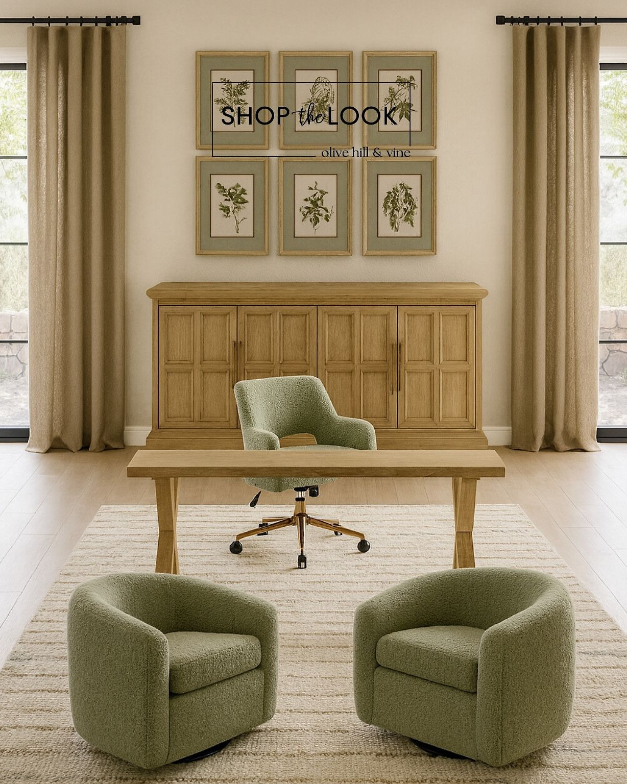 This office blends calm sophistication with natural warmth. Textured greens meet soft oak wood tones, while plush barrel chairs and a gold-accented task chair add comfort and polish. A perfect mix of function, storage, and timeless design. 

 

#LTKHome #LTKStyleTip #LTKFamily