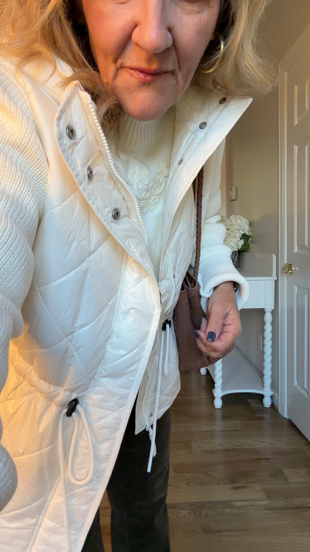 Winter white jacket size medium 
Linking a great ribbed mock turtleneck my sweater is sold out 
Moss green corduroys size 6 reg 

#LTKFindsUnder100 #LTKOver40 #LTKSaleAlert