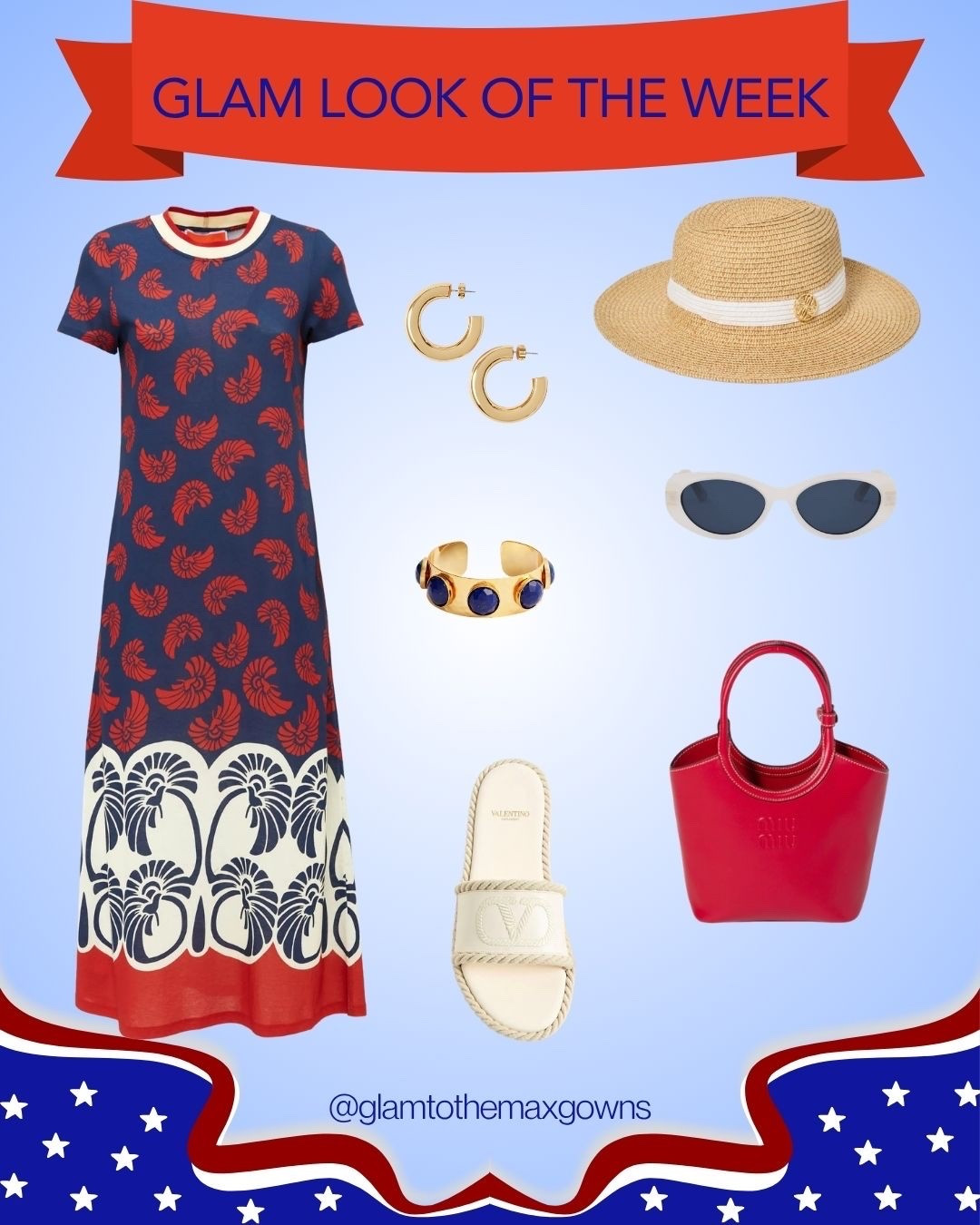 🇺🇸 Glam Look of the Week, Vol. 47 🇺🇸
Red, white & blue-tiful in one print maxi dress. ❤️🤍💙 Styled with fun & fabulous coordinating accessories and all the patriotic spirit to kick off summer in style. ☀️

@ladoublej @maisonvalentino @miumiu @veronicabeard @nest.jewelry @dior @lillypulitzer 

#glamlook  #patrioticstyle #holidayweekend🇺🇸 #ootdinspo #redwhiteandblue

#LTKootd